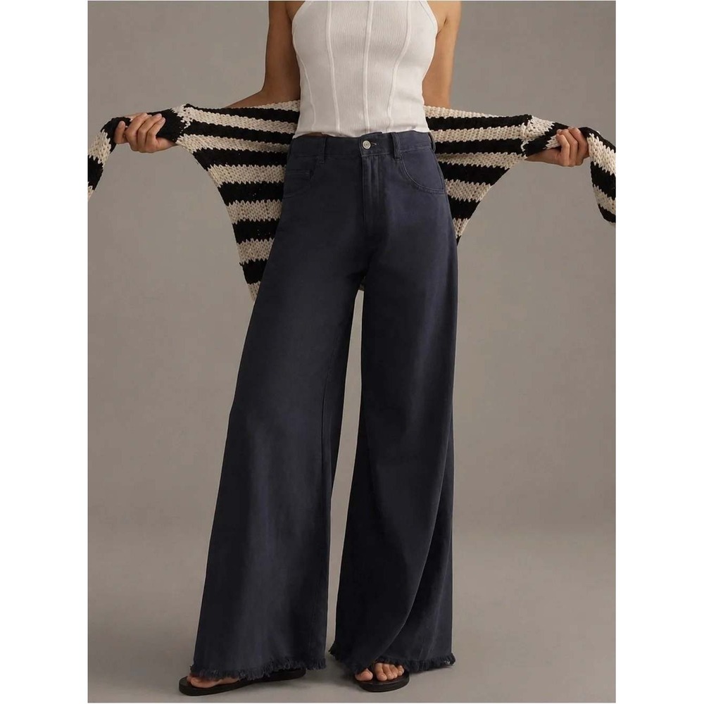 Pilcro Womens Size 29 Navy Blue Linen Blend Wide Leg Raw Hem Pants OBI945410